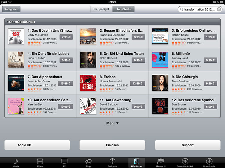 Besser Einschlafen bei iTunes auf Platz 2 Gesamt Hörbuch Charts